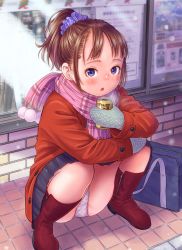 Rule 34 | 1girl, black skirt, blue eyes, blush, boots, brown hair, can, commentary request, convenience store, full body, grey mittens, hands up, highres, holding, holding can, jacket, long sleeves, looking at viewer, mittens, open mouth, original, outdoors, panties, pantyshot, pink scarf, plaid, plaid skirt, pleated skirt, polka dot, polka dot panties, pom pom (clothes), ponytail, red footwear, red jacket, revision, scarf, shop, short hair, skirt, solo, squatting, tareme, underwear, wadachitokakeru, white panties, zipper, zipper pull tab