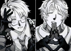 Rule 34 | 2boys, america (hetalia), axis powers hetalia, black background, close-up, collared shirt, glasses, gloves, greyscale, half-closed eyes, hand on own head, hand up, hatching (texture), highres, light smile, linear hatching, long sleeves, looking at viewer, male focus, messy hair, monochrome, multiple boys, naotin3333, necktie, open collar, own hands together, parted lips, portrait, russia (hetalia), scarf, semi-rimless eyewear, shirt, short hair, simple background, steepled fingers, under-rim eyewear