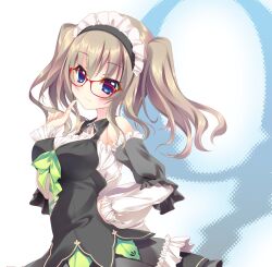 Rule 34 | 1girl, 9-nine-, alternate costume, bare shoulders, black collar, black dress, blue eyes, blush, bow, breasts, brown hair, closed mouth, collar, commentary request, copyright name, dress, enmaided, eyelashes, finger to mouth, fingernails, frilled dress, frilled sleeves, frills, glasses, green bow, grey ribbon, hair between eyes, hand on own hip, head tilt, highres, index finger raised, izumi tsubasu, kujou miyako, large breasts, long hair, long sleeves, maid, maid headdress, official alternate costume, official art, red-framed eyewear, shirt, sidelocks, simple background, smile, solo, twintails, twintails day, upper body, wavy hair, white background, white shirt