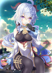 Rule 34 | 1girl, ahoge, aruka (alka p1), bare shoulders, bell, black bodysuit, black gloves, blue hair, blue sky, blurry, blurry background, blush, bodysuit, breasts, cloud, commentary request, covered mouth, day, depth of field, detached sleeves, feet out of frame, flower, ganyu (genshin impact), genshin impact, gloves, hair between eyes, highres, holding, holding flower, horns, long sleeves, looking at viewer, medium breasts, neck bell, outdoors, petals, pink flower, purple eyes, sky, solo, white flower, white sleeves