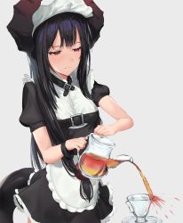 Rule 34 | 1girl, apron, bangosu, belt, belt buckle, black belt, black dress, black hair, buckle, closed mouth, commentary request, cowboy shot, cup, curled horns, dress, failure, frilled apron, frills, grey background, half-closed eyes, highres, holding, horns, jug (bottle), long hair, looking away, maid, maid headdress, pouring, puffy short sleeves, puffy sleeves, red eyes, saucer, short sleeves, simple background, smile, solo, tail, teacup, very long hair, vgaming, virtual youtuber, waist apron, white apron, yoruno yui