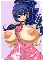 Rule 34 | 10s, 1girl, apron, bare shoulders, blue eyes, blue hair, breast suppress, breasts, breasts out, female focus, frakensteinko, highres, huge breasts, lactation, long hair, matching hair/eyes, minamino misora, naked apron, nipples, open mouth, ponytail, precure, puffy nipples, simple background, solo, standing, suite precure