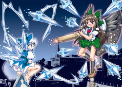 Rule 34 | 2girls, arm cannon, barefoot, battle, bow, brown hair, cirno, city, hair bow, ice, long hair, multiple girls, panties, pantyshot, red eyes, reiuji utsuho, short hair, silver hair, sukiyo, touhou, underwear, weapon, wings