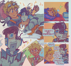 Rule 34 | 2boys, alternate universe, black hair, blonde hair, blue eyes, blunt bangs, blush, closed mouth, comic, commentary, english commentary, english text, goggles, goggles on head, hanazawa teruki, heart, heart in mouth, highres, holding, holding screwdriver, kageyama shigeo, looking at another, male focus, metukika, mob psycho 100, multiple boys, open mouth, robot, screwdriver, short hair, simple background, smile, sparkle, sparks, speech bubble, thumbs up, white background