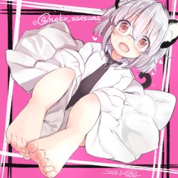 Rule 34 | 1girl, animal ears, bare legs, barefoot, borrowed character, brown eyes, cat ears, cat tail, fang, feet, foreshortening, glasses, highres, lab coat, necktie, original, shirt, short hair, silver hair, solo, tail, toes, umino hotate