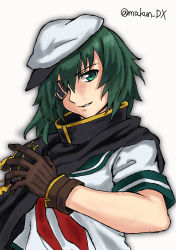 Rule 34 | 1girl, brown gloves, cape, commentary request, eyepatch, gloves, green eyes, green hair, green sailor collar, hat, kantai collection, kiso (kancolle), kiso kai ni (kancolle), looking at viewer, maakun (makun dx), neckerchief, one-hour drawing challenge, parted lips, red neckerchief, sailor collar, sailor hat, school uniform, serafuku, short hair, simple background, solo, twitter username, upper body, white background, white hat