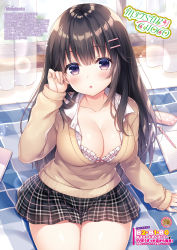 Rule 34 | 1girl, :o, arm at side, blunt bangs, blush, bra, breasts, brown hair, buttons, cardigan, cleavage, collarbone, collared shirt, curtains, day, dress shirt, frilled bra, frills, hair ornament, twirling hair, hairclip, hand up, highres, indoors, large breasts, long hair, long sleeves, looking at viewer, miniskirt, mitsuba choco, notebook, open clothes, open mouth, open shirt, original, pencil, pencil case, pink bra, plaid, plaid skirt, purple eyes, school uniform, shirt, sitting, skirt, solo, unbuttoned, unbuttoned shirt, underwear, white shirt, wind, window, wing collar