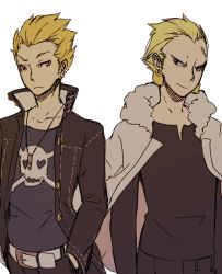Rule 34 | 2boys, ai-wa, atlus, belt, blonde hair, cosplay, costume switch, crossover, earrings, fate/stay night, fate (series), gilgamesh (fate), grey eyes, jacket, jacket on shoulders, jewelry, male focus, megami tensei, multiple boys, necklace, persona, persona 4, red eyes, scar, school uniform, voice actor connection, seki tomokazu, shin megami tensei, skull and crossbones, tatsumi kanji, type-moon