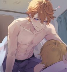 Rule 34 | 2boys, :q, abs, aether (genshin impact), bed, blonde hair, blue eyes, blush, bulge, crossed bangs, curtains, erection, erection under clothes, genshin impact, gumilkx, hair between eyes, heart, highres, indoors, lying, male focus, multiple boys, nipples, on back, orange hair, pants, pillow, straddling, tartaglia (genshin impact), toned, toned male, tongue, tongue out, topless male, under covers, yaoi