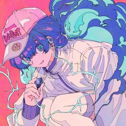 Rule 34 | 1girl, :d, absurdres, baseball cap, blue eyes, cogecha, earbuds, earphones, flat color, hat, highres, jacket, long hair, looking at viewer, open mouth, original, ponytail, purple hair, sleeves past wrists, smile, solo, squatting, thighhighs, very long hair, white thighhighs