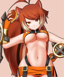 Rule 34 | 1girl, akimichi, animal ears, antenna hair, arc system works, blazblue, blazblue: continuum shift, bread, breasts, brown hair, fingerless gloves, food, gloves, halterneck, hand on own hip, highleg, hip focus, jpeg artifacts, large breasts, looking at viewer, makoto nanaya, miniskirt, multicolored hair, navel, no bra, orange skirt, panties, pantyshot, revealing clothes, simple background, skirt, solo, squirrel ears, squirrel tail, strapless, tail, tonfa, tube top, two-tone hair, underboob, underwear, weapon