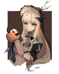 Rule 34 | 1girl, absurdres, arknights, black dress, blonde hair, blue eyes, bonnet, brown background, character request, check character, closed mouth, cropped torso, dress, harukan tiusu, highres, holding, horns, jack-o&#039;-lantern, long hair, nightingale (arknights), puffy short sleeves, puffy sleeves, short sleeves, solo, two-tone background, upper body, very long hair, white background