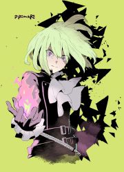Rule 34 | 1boy, ascot, belt, black gloves, black jacket, copyright name, fire, gloves, green hair, half gloves, highres, jacket, lio fotia, looking at viewer, male focus, outstretched hand, promare, purple eyes, pyrokinesis, solo, takenashi eri