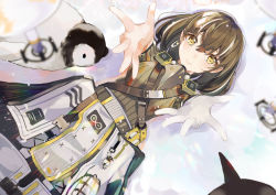 Rule 34 | 1girl, arknights, bird, bird mask, blurry, blush, breasts, brown hair, brown sweater, closed mouth, clothes around waist, coat, commentary, depth of field, drone, elite ii (arknights), from above, gloves, hair between eyes, looking at viewer, lying, magallan (arknights), magallan (elite ii) (arknights), mask, mask around neck, medium breasts, multicolored hair, on back, outstretched arms, penguin, reaching, reaching towards viewer, rhine lab logo, ribbed sweater, short hair, single glove, smile, snow, solo, strap, streaked hair, sweater, togetsu grass, turtleneck, turtleneck sweater, two-tone hair, white coat, white gloves, white hair, yellow eyes