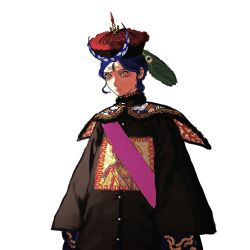Rule 34 | 1girl, black robes, blue hair, buttons, capelet, chaofu, china, chinese clothes, chinese empire, embroidery, feathers, hat, long sleeves, original, qing dynasty, qingdai guanmao, red eyes, simple background, third eye, white background, yamikuro tenrimaru