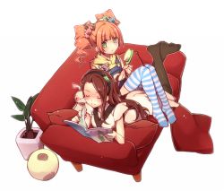 Rule 34 | 2girls, arumaji (kiss kill lila), black legwear, book, brown hair, brush, closed eyes, couch, food-themed clothes, food-themed hair ornament, green eyes, hair ornament, hairband, idolmaster, idolmaster (classic), long hair, lying, minase iori, multiple girls, on stomach, open book, overalls, pantyhose, pottery, reading, red upholstery, smile, striped clothes, striped legwear, striped thighhighs, stuffed animal, stuffed rabbit, stuffed toy, takatsuki yayoi, thighhighs, twintails