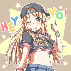 Rule 34 | 10s, 1girl, backwards hat, bang dream!, baseball cap, black hat, black shirt, bling, blonde hair, bracelet, breasts, character print, clothes writing, crop top, denim, earrings, english text, hat, headset, headwear writing, jeans, jewelry, long hair, looking at viewer, medium breasts, michelle (bang dream!), midriff, mouth hold, navel, necklace, novelty glasses, one eye closed, outline, pants, paw print, pink-framed eyewear, print shirt, riai (onsen), ring, shirt, short sleeves, smile, solo, star (symbol), sunglasses, sunglasses removed, thumbs up, tsurumaki kokoro, underboob, white outline, yellow eyes