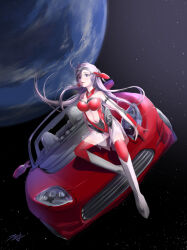 Rule 34 | 1girl, boots, breasts, car, cleavage, clothing cutout, convertible, earth (planet), gloves, grey eyes, grey hair, hi fumiyo, highres, leotard, long hair, looking at viewer, medium breasts, motor vehicle, open hand, open mouth, original, personification, planet, red gloves, red leotard, red thighhighs, signature, space, sports car, star (sky), stomach cutout, tesla (company), tesla roadster, thighhighs, vehicle and personification, very long hair, white footwear