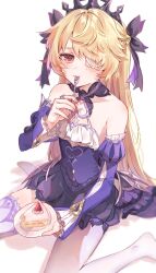 Rule 34 | 1girl, bare shoulders, black ribbon, blonde hair, cake, closed mouth, detached collar, detached sleeves, dress, eating, eyepatch, fischl (ein immernachtstraum) (genshin impact), fischl (genshin impact), food, fork, genshin impact, hair between eyes, hair ribbon, highres, holding, holding fork, holding plate, jewelry, long hair, long sleeves, looking at viewer, nagi kurose, official alternate costume, pantyhose, plate, purple dress, red eyes, ribbon, ring, simple background, single leg pantyhose, single thighhigh, sitting, solo, thighhighs, wariza, white background, white pantyhose, white thighhighs