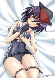 Rule 34 | 10s, 1girl, asymmetrical hair, black hair, black one-piece swimsuit, breast hold, breasts, brown eyes, dakimakura (medium), eyebrows, framed breasts, gloves, hair between eyes, hat, highres, i-13 (kancolle), kantai collection, looking at viewer, lying, one-piece swimsuit, partially fingerless gloves, sailor collar, school swimsuit, short hair, single glove, solo, swimsuit, tamayan