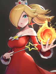 Rule 34 | 1girl, absurdres, alternate color, aqua eyes, bare shoulders, blonde hair, breasts, brooch, cleavage, collarbone, commentary, crown, dress, earrings, fire, fire rosalina, fireball, gonzarez, hair over one eye, half-closed eyes, highres, jewelry, large breasts, long hair, long sleeves, mario (series), nintendo, off-shoulder dress, off shoulder, official alternate costume, one eye covered, ponytail, red dress, rosalina, solo, star (symbol), star brooch, star earrings, star wand, super mario 3d world