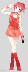 Rule 34 | 10s, 1girl, alternate hairstyle, armband, blush, full body, grey background, highres, looking at viewer, loose socks, love live!, love live! school idol project, microphone, morning musume, nishikino maki, pleated skirt, purple eyes, red footwear, red hair, red skirt, red vest, scrunchie, shoes, side ponytail, simple background, skirt, sleeveless, smile, socks, solo, taiki (ozone), vest, wrist scrunchie