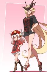 Rule 34 | 2girls, absurdly long hair, ahoge, alternate costume, blonde hair, bloomers, boots, cabbie hat, cassue, clover print, commentary request, contemporary, earrings, english text, full body, genshin impact, half mask, hands on own hips, hat, highres, imtmcomics, jewelry, klee (genshin impact), knee boots, kneehighs, light brown hair, lipstick, long hair, looking at viewer, low twintails, makeup, mask, multiple girls, orange eyes, parted bangs, pointy ears, purple eyes, shirt, short sleeves, sidelocks, signora (genshin impact), simple background, smile, socks, standing, t-shirt, twintails, underwear, very long hair, white bloomers