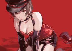 Rule 34 | 1girl, absurdres, black collar, black gloves, black hat, black shorts, breasts, brown hair, cleavage, collar, collarbone, elbow gloves, garter straps, gloves, hat, highres, leaning forward, looking at viewer, medium breasts, niijima makoto, parted lips, persona, persona 5, persona 5: dancing star night, persona dancing, red background, red eyes, short hair, short shorts, shorts, solo, ssssantn