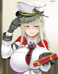 Rule 34 | 1girl, black gloves, blonde hair, blush, box, breasts, capelet, celtic knot, cross, embarrassed, gift, gift box, gloves, graf zeppelin (kancolle), hair between eyes, hat, heart, highres, holding, holding gift, huge breasts, incoming gift, indoors, iron cross, kantai collection, long hair, long sleeves, looking at viewer, military, military hat, military uniform, necktie, open mouth, peaked cap, saizu nitou gunsou, sidelocks, solo, twintails, twitter username, uniform, upper body, valentine