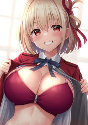 Rule 34 | 1girl, alternate breast size, blonde hair, blue ribbon, blush, bra, breasts, bursting breasts, cleavage, commentary request, hair ribbon, highres, huge breasts, large breasts, looking at viewer, lycoris recoil, neck ribbon, nishikigi chisato, open clothes, red bra, red eyes, red ribbon, ribbon, sexually suggestive, short hair, smile, solo, underwear, uniform, upper body, yago8 pp3