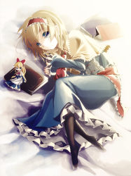 Rule 34 | 1girl, alice margatroid, apron, blonde hair, blue dress, blue eyes, book, bow, capelet, dress, female focus, fetal position, full body, hair bow, headband, highres, kaede (mmkeyy), lying, no shoes, on bed, on side, pantyhose, plantar flexion, sash, shanghai doll, short hair, sleeves past wrists, solo, touhou