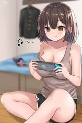 Rule 34 | 1girl, :q, akino ell, bare arms, bare legs, bare shoulders, black shorts, blurry, breasts, brown eyes, brown hair, cleavage, coat, collarbone, depth of field, grey shirt, hair ornament, hairclip, highres, indian style, large breasts, medium hair, musical note, nintendo switch, original, playing, shirt, short shorts, shorts, sitting, smile, solo, strap slip, tank top, tongue, tongue out