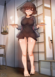 Rule 34 | 1girl, akiyama yukari, barefoot, black shirt, blouse, blush, breasts, brown eyes, brown hair, cameltoe, covered navel, female focus, full body, girls und panzer, glasses, highres, impossible clothes, impossible shirt, indoors, large breasts, looking at viewer, megadeko, no panties, open mouth, shiny skin, shirt, short hair, smile, solo, toes