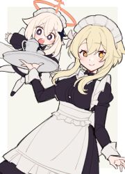 Rule 34 | 2girls, alternate costume, apron, black dress, black eyes, blonde hair, blush, border, bow, bowtie, buttons, closed mouth, commentary, do m kaeru, dress, enmaided, floating, genshin impact, grey background, hair between eyes, hair ornament, juliet sleeves, long sleeves, looking at viewer, lumine (genshin impact), maid, maid headdress, multiple girls, open mouth, outside border, paimon (genshin impact), pantyhose, puffy sleeves, short hair, short hair with long locks, sidelocks, simple background, size difference, smile, symbol-only commentary, teeth, upper teeth only, waist apron, white apron, white border, white bow, white bowtie, white hair, white pantyhose, yellow eyes