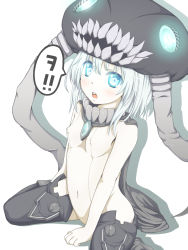 Rule 34 | 10s, 1girl, :o, abyssal ship, ankle boots, between legs, black thighhighs, blue eyes, blush, bodysuit, boots, breasts, cape, colored skin, covered erect nipples, covered navel, from side, gloves, glowing, glowing eyes, hand between legs, hat, highres, kantai collection, looking at viewer, monster, neon trim, open mouth, pale skin, personification, ryon (kiririn623), scepter, shadow, short hair, silver hair, simple background, sitting, small breasts, solo, speech bubble, spread legs, teeth, thighhighs, translated, turtleneck, wariza, white background, white skin, wo-class aircraft carrier
