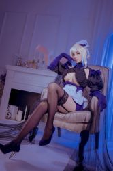 Rule 34 | 1girl, alternate costume, apron, armpits, arms up, artoria pendragon (fate), artoria pendragon (lancer alter) (fate), asian, black dress, black gloves, blonde hair, braid, breasts, chair, chinese (nationality), cosplay, dress, enmaided, fate/grand order, fate (series), french braid, gloves, hair between eyes, heels, high heels, highres, indoors, large breasts, long hair, long sleeves, looking at viewer, maid, maid headdress, photo (medium), puffy sleeves, ribbed dress, rioko041120, sidelocks, smile, solo, underboob, waist apron, white apron, yellow eyes