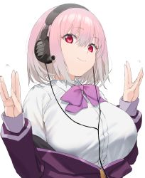 Rule 34 | 1girl, bow, bowtie, breasts, closed mouth, gridman universe, hair between eyes, hands up, headphones, highres, large breasts, long sleeves, looking at viewer, nekoshoko, pink hair, purple bow, purple bowtie, red eyes, shinjou akane, shirt, short hair, simple background, smile, solo, ssss.gridman, white background, white hair, white shirt