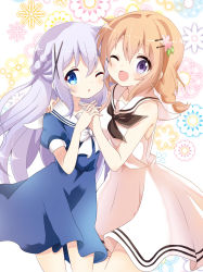 Rule 34 | 2girls, ;d, ;o, bare arms, bare shoulders, black neckerchief, blue dress, blue eyes, blue hair, blush, bow, braid, commentary request, dress, floral background, gochuumon wa usagi desu ka?, hair between eyes, hair ornament, hairclip, hand on another&#039;s shoulder, highres, holding hands, hoto cocoa, interlocked fingers, kafuu chino, long hair, looking at viewer, massala, multiple girls, neckerchief, one eye closed, open mouth, parted lips, puffy short sleeves, puffy sleeves, purple eyes, sailor collar, sailor dress, short sleeves, sleeveless, sleeveless dress, smile, very long hair, white background, white bow, white dress, white sailor collar, x hair ornament