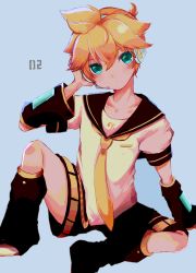 Rule 34 | 1boy, aqua eyes, arm warmers, bass clef, black collar, black shorts, blonde hair, blue background, collar, commentary, expressionless, hand on headphones, headphones, headset, highres, kagamine len, knee up, leg warmers, looking at viewer, male focus, necktie, sailor collar, school uniform, shirt, short ponytail, short sleeves, shorts, sitting, solo, spiked hair, umijiroo, vocaloid, white shirt, yellow necktie