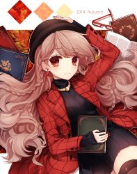 Rule 34 | 10s, 1girl, 2014, autumn, book, braid, brown hair, brown thighhighs, dress, earrings, unworn eyewear, glasses, hand on headwear, hat, ichinose yukino, jacket, jewelry, long hair, looking at viewer, nail polish, necklace, original, plaid, plaid jacket, red-framed eyewear, red eyes, red nails, ribbed sweater, sleeves past wrists, solo, sweater, thighhighs, turtleneck