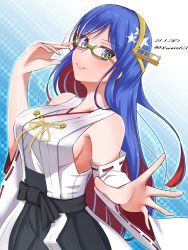 Rule 34 | 1girl, bespectacled, blue background, blue eyes, blue hair, breasts, collarbone, cosplay, dated, glasses, hachiware (8ware63), highres, kantai collection, kirishima (kancolle), kirishima (kancolle) (cosplay), large breasts, long hair, looking at viewer, multicolored hair, nontraditional miko, red hair, ribbon-trimmed sleeves, ribbon trim, smile, solo, south dakota (kancolle), twitter username, white hair, wide sleeves