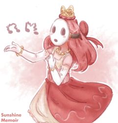 Rule 34 | blush, bracelet, crown, dress, elbow gloves, gloves, jewelry, khiuly, mario (series), mask, music, necklace, nintendo, pearl bracelet, pearl necklace, princess, red dress, ribbon, shy, shy guy, singing