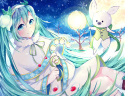 Rule 34 | 1girl, :3, aqua eyes, aqua hair, rabbit, christmas, flower, full moon, green scarf, hatsune miku, lily of the valley, long hair, looking at viewer, moon, night, scarf, smile, snow, snowdrop (flower), snowflakes, twintails, very long hair, vocaloid, yamii (ouhann990), yuki miku, yukine (vocaloid)