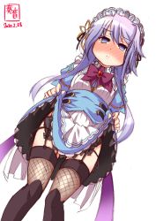 Rule 34 | 1girl, artist logo, blue dress, blush, clothes lift, commentary request, dated, dress, dress lift, feet out of frame, fishnet thighhighs, fishnets, flower knight girl, from below, garter straps, highres, ipheion (flower knight girl), kanon (kurogane knights), kantai collection, lifting own clothes, look-alike, maid headdress, purple hair, short hair, short hair with long locks, simple background, solo, thighhighs, white background, yayoi (kancolle)