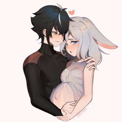 Rule 34 | 1boy, 1girl, absurdres, ahoge, animal ears, belly, black hair, blue eyes, breasts, commentary, commission, commissioner upload, couple, dress, english commentary, green eyes, grey hair, hand on another&#039;s hand, hand on another&#039;s shoulder, hand on another&#039;s stomach, heart, hetero, highres, hug, jarael (rayer), looking at another, looking at viewer, maternity dress, medium breasts, memeh, motherly, multicolored hair, navel, open mouth, original, outie navel, pregnant, rabbit ears, rabbit girl, ribbed sweater, second-party source, see-through, stomach, streaked hair, sweater, turtleneck, turtleneck sweater