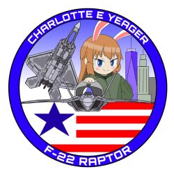 Rule 34 | 1girl, aircraft, animal ears, blue eyes, blush, character name, charlotte e. yeager, closed mouth, commentary request, f-22 raptor, long hair, long sleeves, military uniform, military vehicle, orange hair, patch, pilot helmet, rabbit ears, rabbit girl, simple background, smile, solo, sss cccp, strike witches, uniform, white background, world witches series