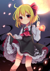 Rule 34 | 1girl, blonde hair, blush, bow, bowtie, chinese lantern (plant), clothes lift, commentary request, darkness, dress, frilled dress, frills, hair bow, lifting own clothes, long sleeves, looking at viewer, moon, night, night sky, petals, red bow, red bowtie, red eyes, red ribbon, ribbon, ruhika, rumia, short hair, skirt, skirt lift, sky, smile, solo, star (sky), star (symbol), starry sky, touhou, white skirt