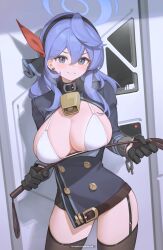 Rule 34 | 1girl, absurdres, ako (blue archive), bell, bikini, bilibili xiaolu, black bow, black gloves, black hairband, black thighhighs, blue archive, blue eyes, blue hair, blue halo, blue jacket, bow, bow hairband, breasts, buttons, chinese commentary, clenched teeth, commentary request, contrapposto, cowbell, cowboy shot, cuffs, double-breasted, double-parted bangs, earrings, framed breasts, garter straps, gloves, hair between eyes, hair ribbon, hairband, halo, highres, holding, holding riding crop, jacket, jewelry, large breasts, long hair, long sleeves, looking at viewer, neck bell, partial commentary, ribbon, riding crop, shackles, solo, standing, stud earrings, swimsuit, tearing up, teeth, thighhighs, v-shaped eyebrows, wavy hair, white bikini