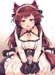 Rule 34 | 1girl, alternate costume, animal ears, black footwear, blush, breasts, brown hair, cleavage, dress, enmaided, full body, highres, imaizumi kagerou, kemo chiharu, large breasts, long hair, long sleeves, maid, maid headdress, open mouth, red eyes, sitting, solo, tail, touhou, wariza, white dress, white legwear, wolf ears, wolf tail