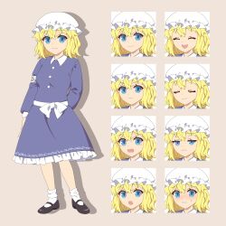Rule 34 | 1girl, 4rion, :d, absurdres, black footwear, blonde hair, blue eyes, buttons, closed mouth, collared dress, dress, explosion, frilled dress, frills, full body, hat, highres, long sleeves, maribel hearn, mary janes, medium hair, mob cap, open mouth, purple dress, sash, shoes, smile, socks, solo, standing, tachi-e, touhou, wavy hair, white hat, white sash, white socks